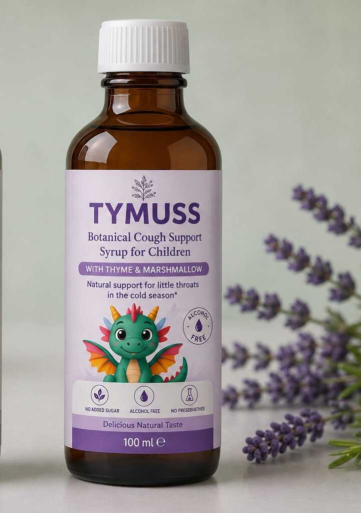 TYMUSS Botanical Cough Support Syrup für Kinder mit freundlichem Drachen-Motiv (Produktfoto)
