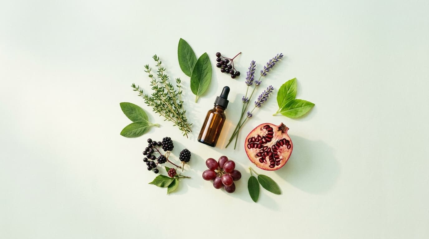 Botanische Zutaten als Flatlay: Kräuter, Beeren, Granatapfel und eine Tropfflasche