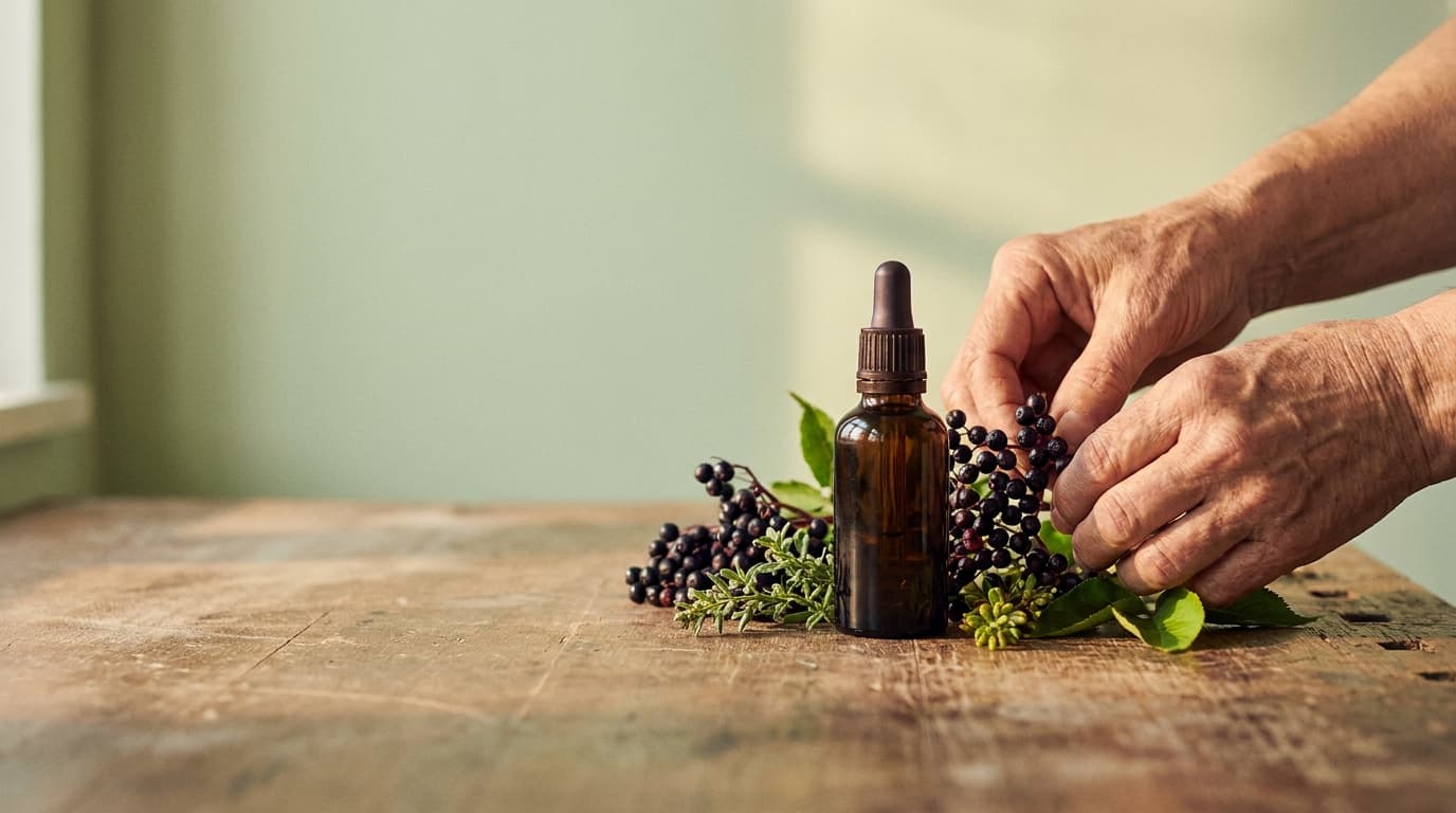 Botanische Manufaktur: Holunderbeeren, Kräuter und eine Tropfflasche im warmen Manufakturlicht