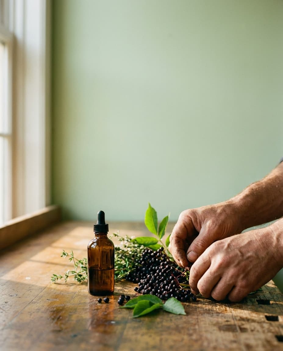 Botanische Manufaktur: Holunderbeeren, Kräuter und eine Tropfflasche im warmen Manufakturlicht