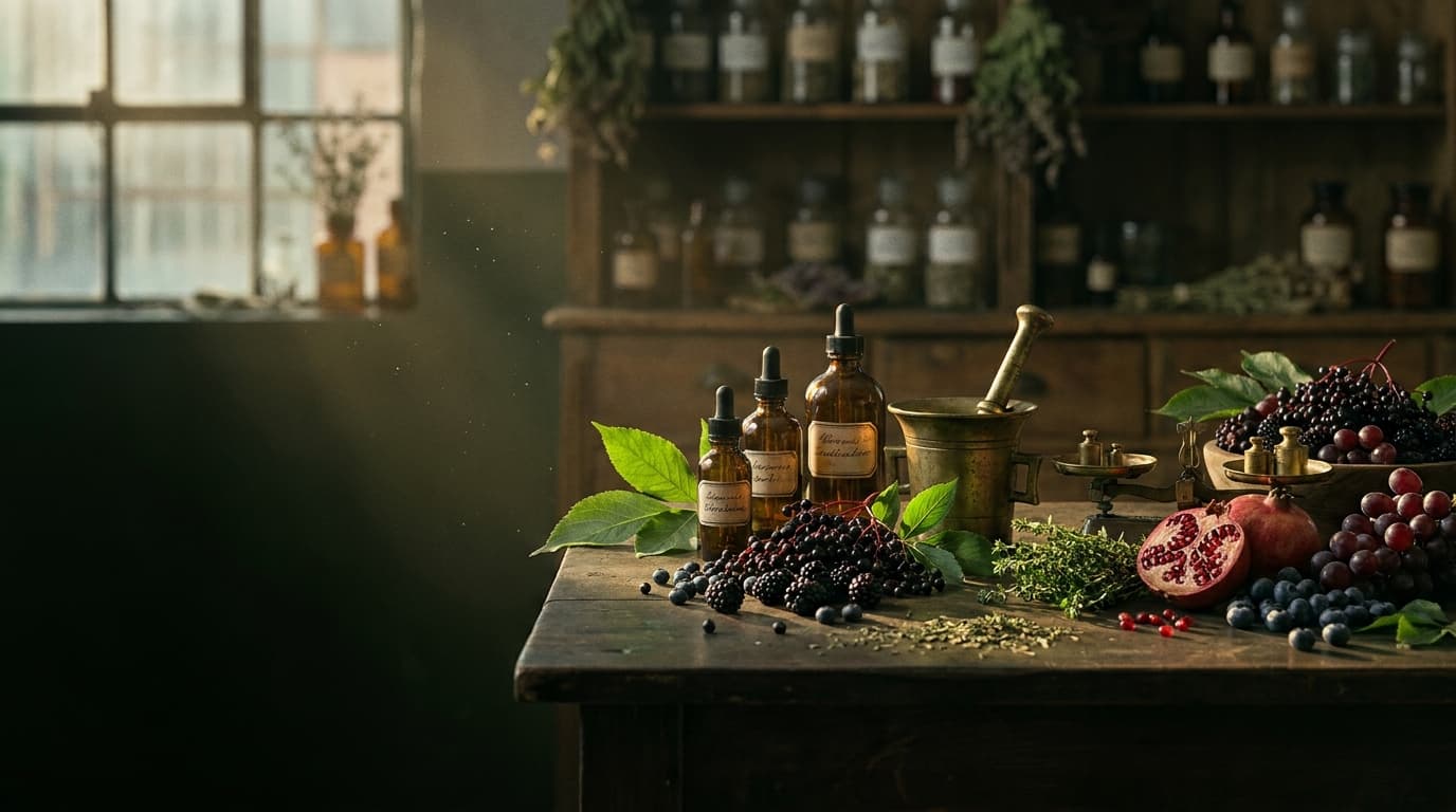 Botanische Apotheken-Werkbank mit Tropfflaschen, Mörser und dunklen Beeren im warmen Manufakturlicht